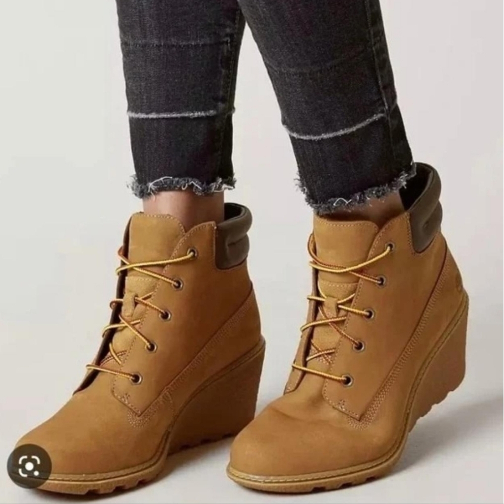 Timberland 8 Tan Brown Red Yellow Wedge Booties Ankle Boots Womens Laces Leather